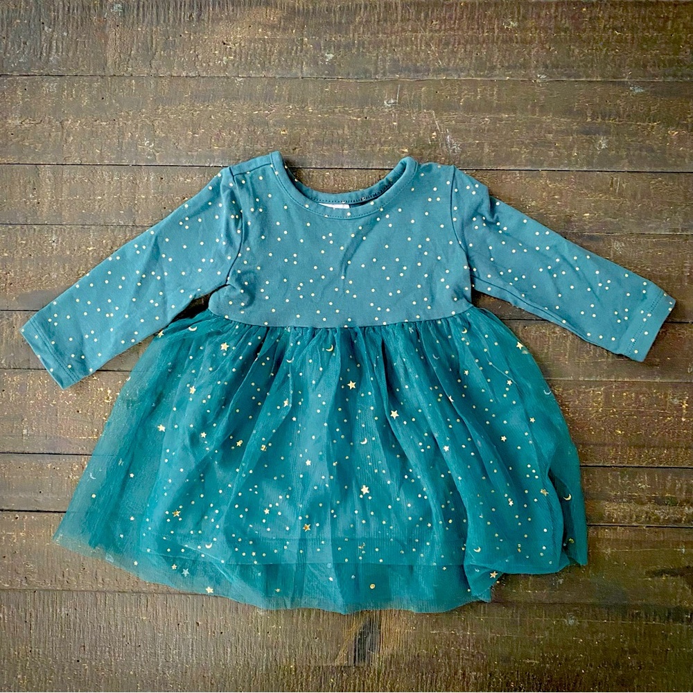 Shimmer Star Dress In Soft Tulle - Green 6-12 months